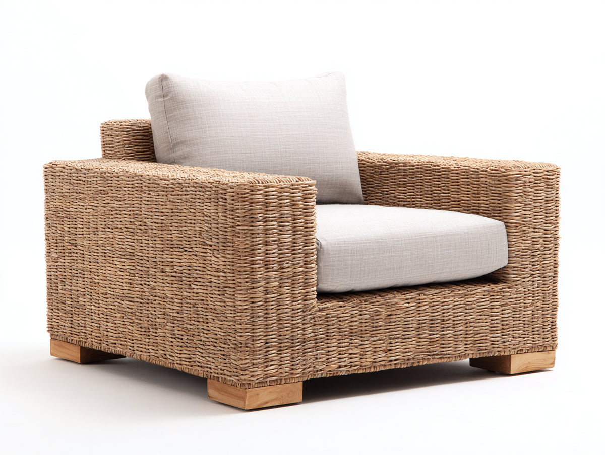 Poltrona da giardino - Rattan-Tessuto - 92x87x80 cm - Marrone miele-Beige chiaro - Stile naturale moderno