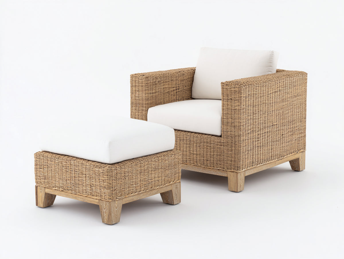 Poltrona da giardino - Rattan-Tessuto - 87x83x81 cm - Marrone miele-Avorio - Stile naturale moderno