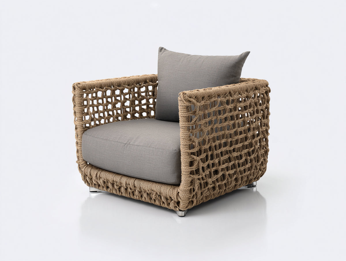 Poltrona da giardino - Corda-Tessuto - 82x78x76 cm - Beige naturale-Grigio - Stile boho moderno
