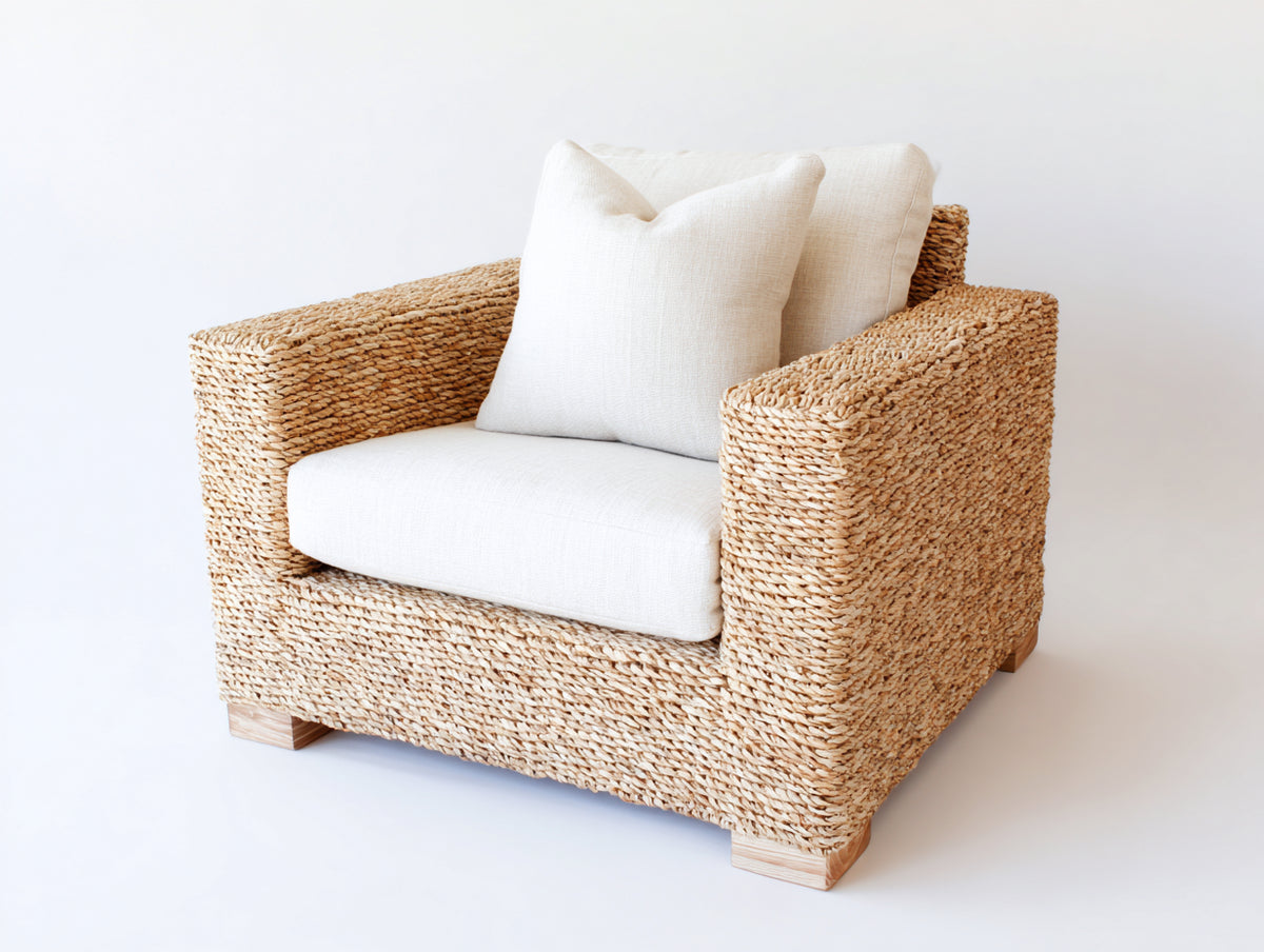 Poltrona da giardino - Rattan-Tessuto - 95x90x84 cm - Naturale chiaro-Bianco crema - Costiero moderno