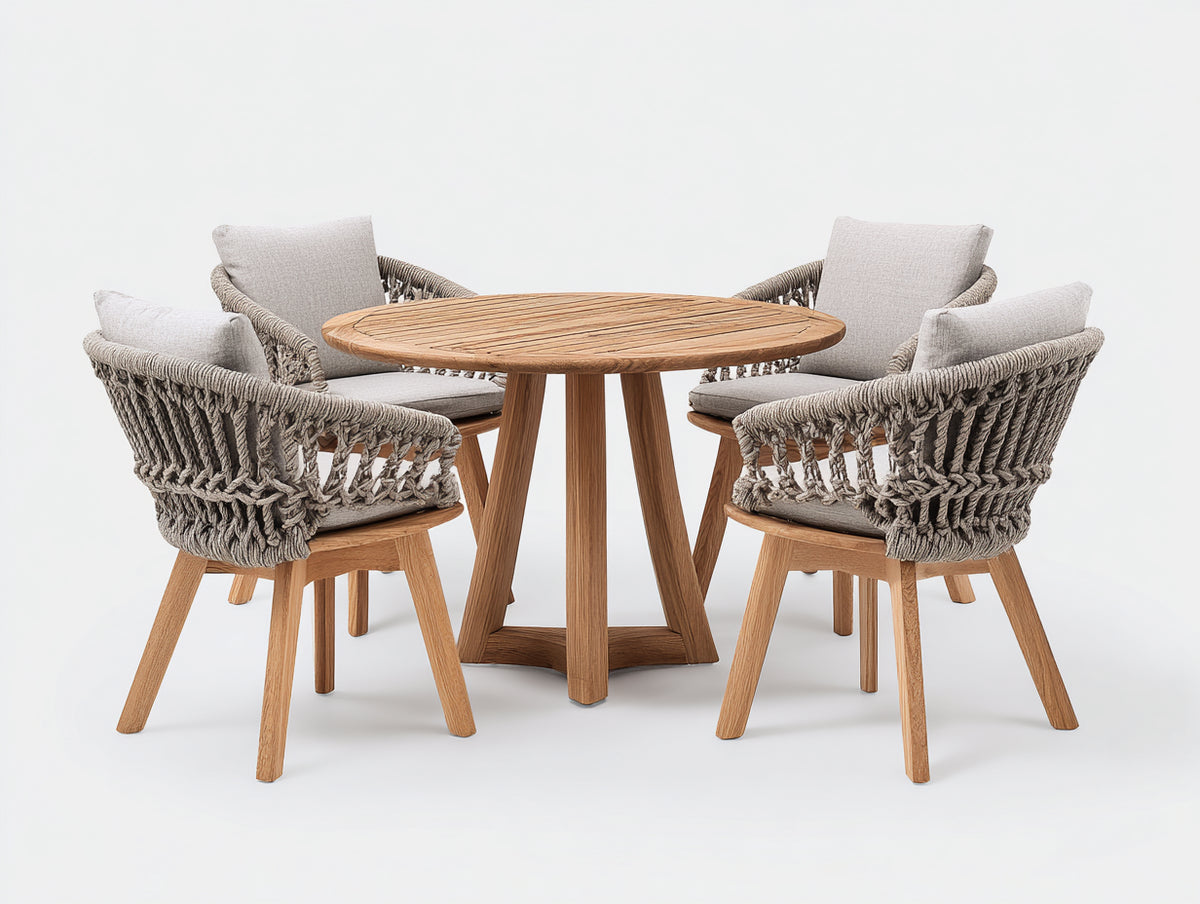 Set da pranzo da esterno - Legno-Corda-Tessuto - 120x120x75 cm - Legno naturale-Tortora-Beige chiaro - Stile boho contemporaneo