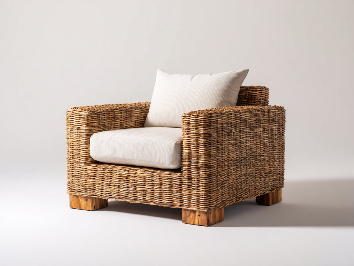 Poltrona da giardino - Rattan-Tessuto - 94x88x80 cm - Naturale scuro-Crema - Rustico moderno