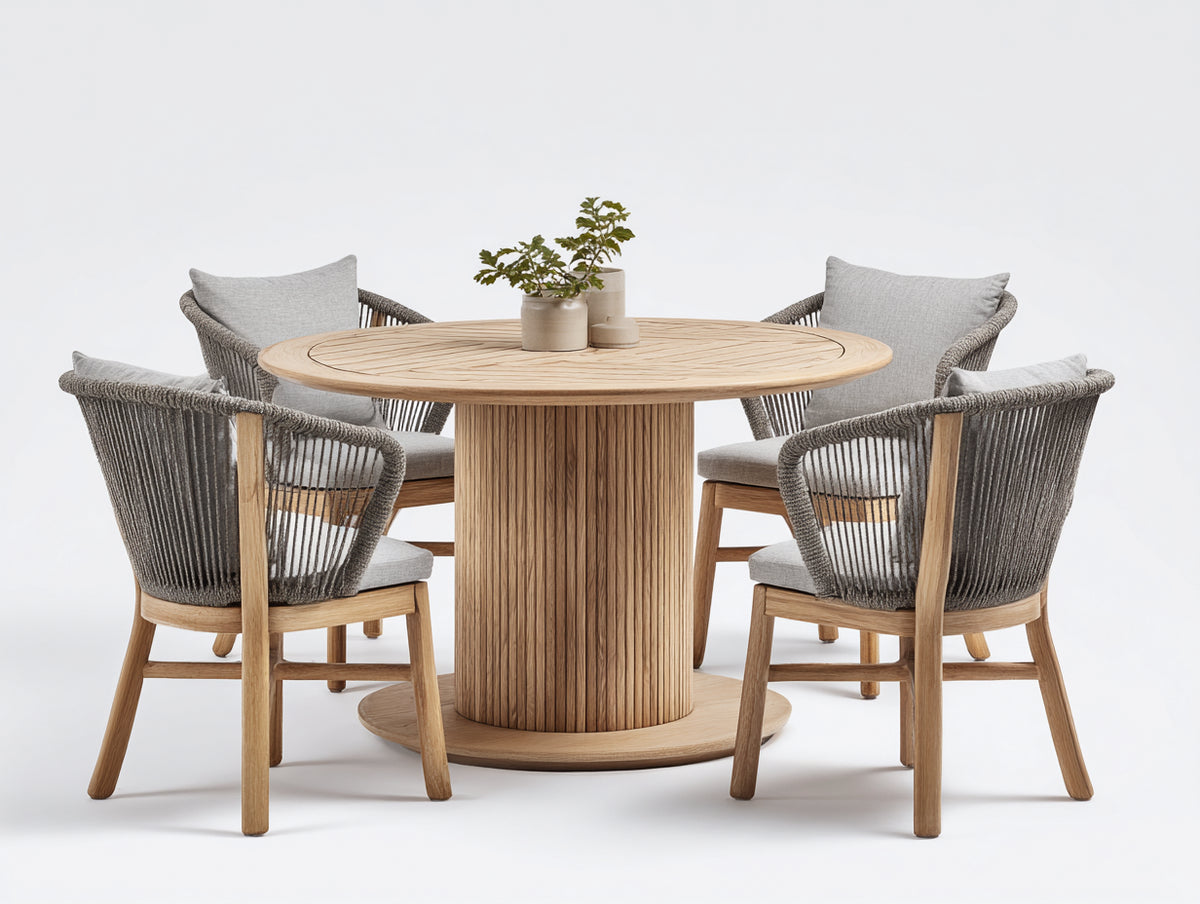 Set da pranzo da esterno - Legno-Corda-Tessuto - 135x135x76 cm - Legno naturale-Grigio tortora-Grigio chiaro - Stile contemporaneo