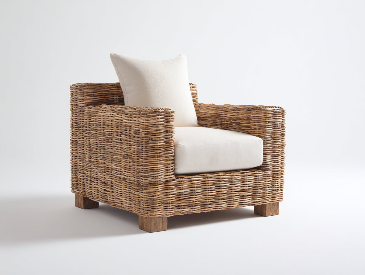 Poltrona da giardino - Rattan-Tessuto - 93x87x79 cm - Naturale-Avorio - Rustico contemporaneo
