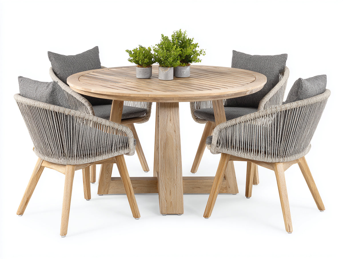 Set da pranzo da esterno - Legno-Corda-Tessuto - 145x145x76 cm - Legno naturale-Grigio chiaro-Grigio antracite - Stile contemporaneo