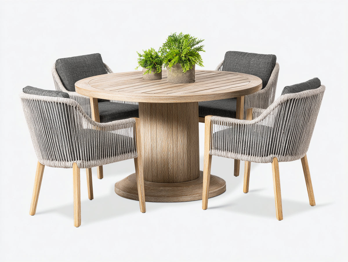 Set da pranzo da esterno - Legno-Corda-Tessuto - 125x125x76 cm - Legno naturale-Grigio chiaro-Grigio antracite - Stile contemporaneo