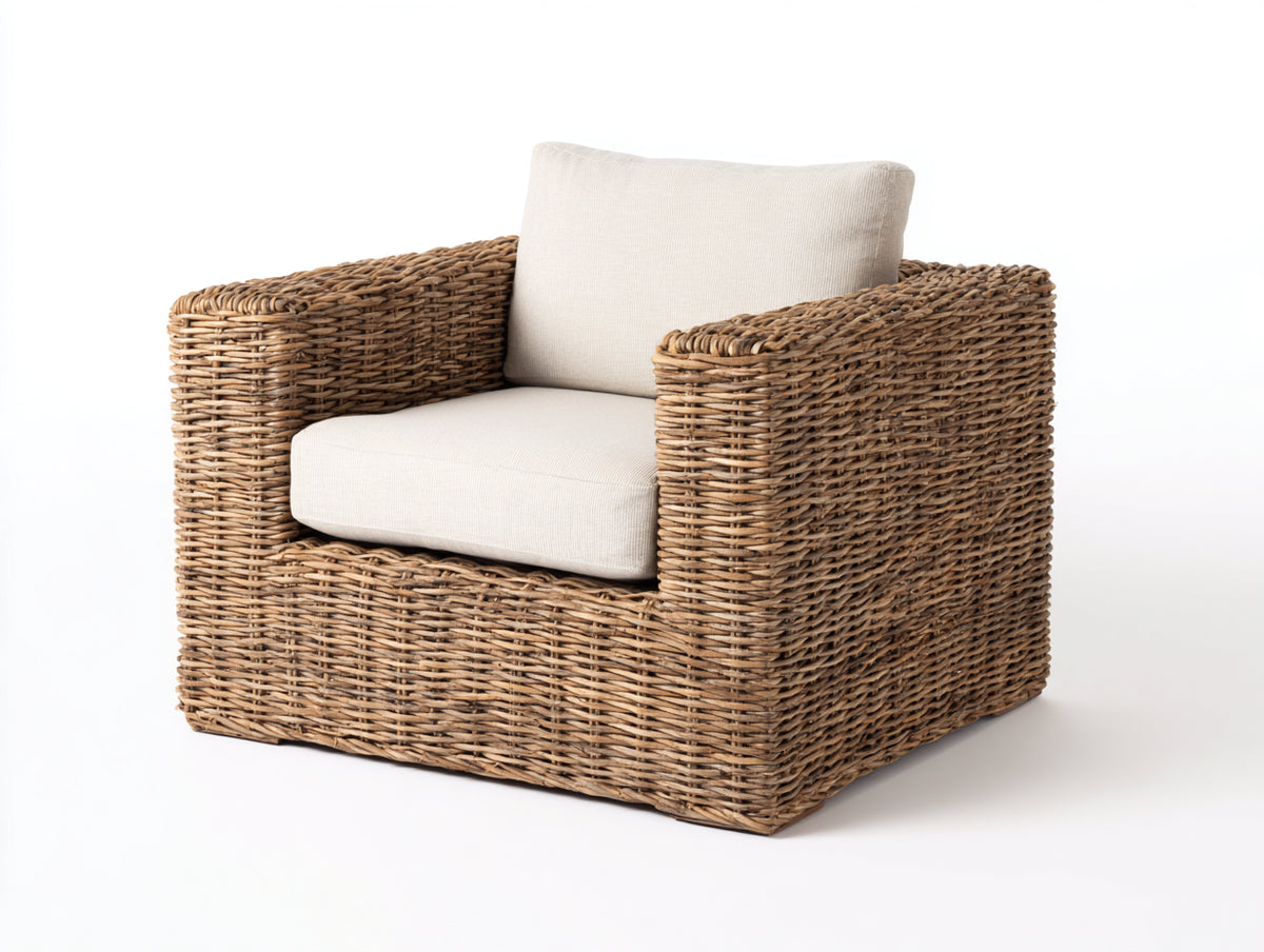 Poltrona da giardino - Rattan-Tessuto - 97x92x82 cm - Marrone naturale-Crema - Classico rustico