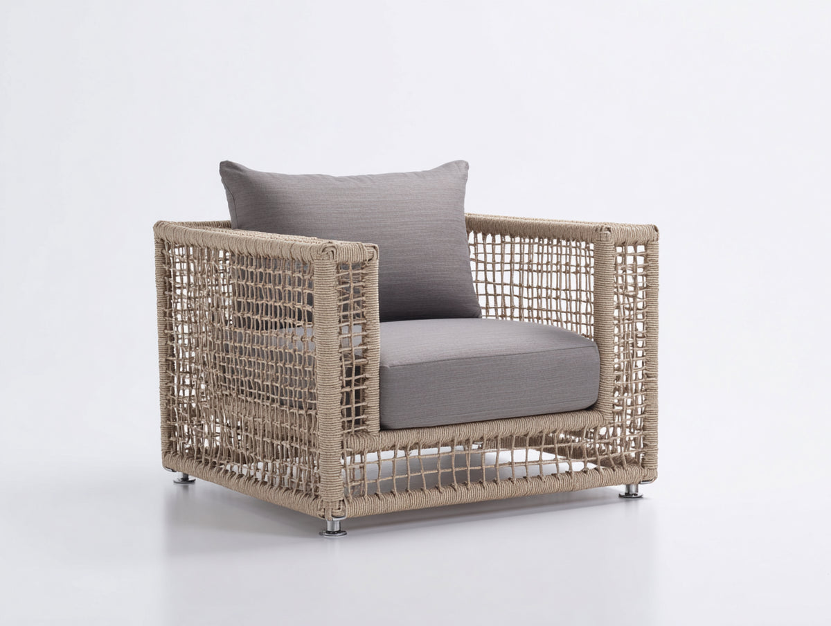 Poltrona da giardino - Corda-Tessuto - 86x81x77 cm - Beige sabbia-Grigio tortora - Design minimalista