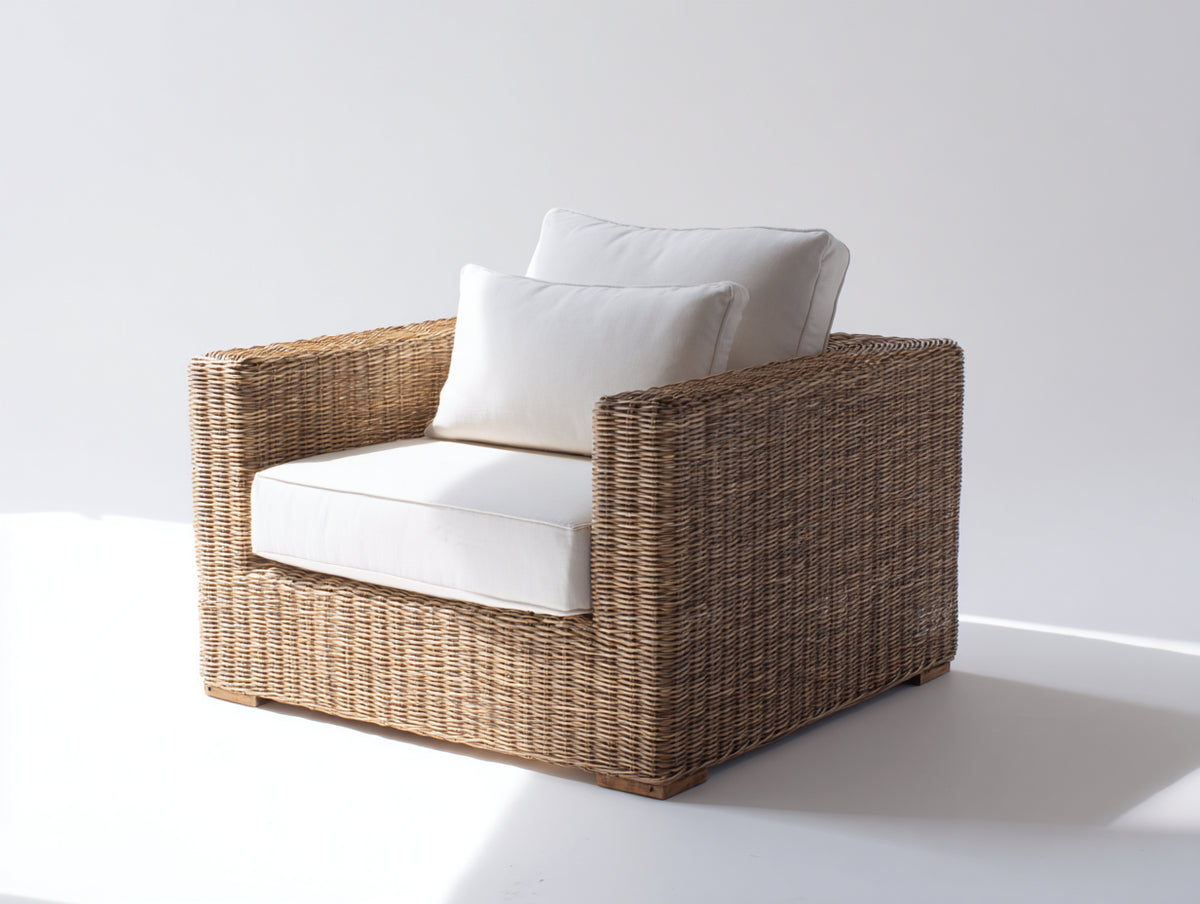 Poltrona da giardino - Rattan-Tessuto - 96x91x84 cm - Naturale chiaro-Bianco - Costiero
